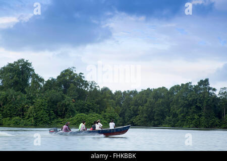 Brazil, Brazilian Amazon, Para, Marajo island, tourists in a speedboat in the Amazon rainforest Stock Photo