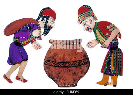 Shadow Puppet Characters Looking in Cooking Pot from the Turkish Shadow Puppet Theater or Theatre 'Karagöz and Hacivat' Turkey Stock Photo