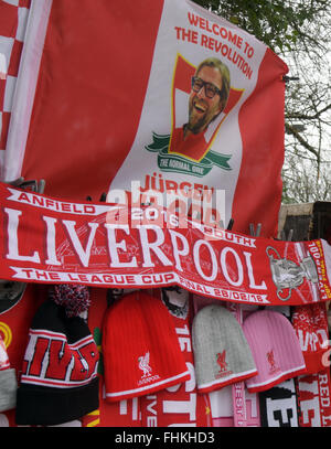 A flag reading 'welcome to the revolution' with a picture of Liverpool's head coach Juergen Klopp is seen outside the stadium prior to the UEFA Europa League round of 32, second leg soccer match between Liverpool FC and FC Augsburg in Anfield, Liverpool, England, 25 February 2016. Photo: Stefan Puchner/dpa Stock Photo