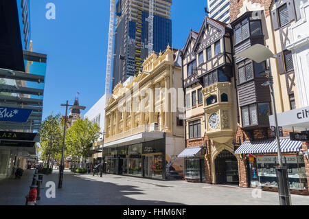 Hay Street pedestrian area in the city center of Perth, Australia. To the right the entrance to the London Court shopping mall. Stock Photo