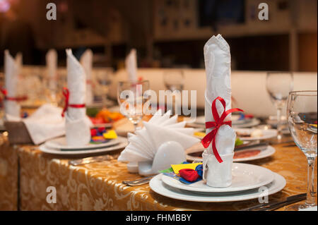 beautifully decorated table in the restaurant for a wedding Stock Photo