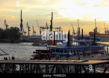 Sunset at St Pauli Piers, Port of Hamburg, Germany, Europe Stock Photo