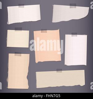Pieces of torn brown lined note paper on dark background Stock Vector