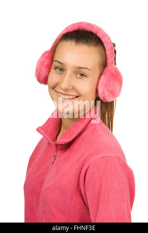 happy girl teen in pink headphones Stock Photo
