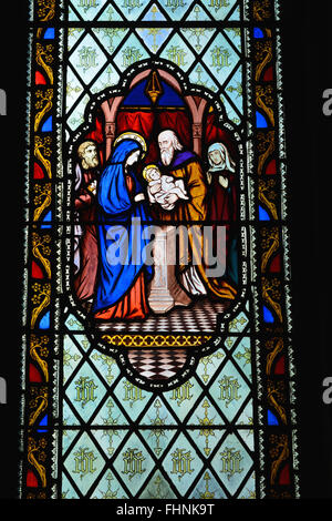 Stained glass window depicting Mary and Baby Jesus, Holy Trinity Church, Weston, Hertfordshire Stock Photo