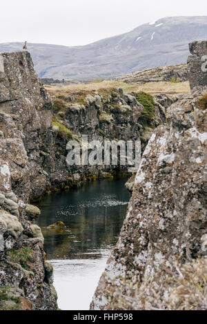 Crevice between continental plates at Thingvellir National Park on the Golden Circle in Iceland. Stock Photo