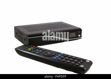 Remote and Receiver for Satellite TV (STB) on white front view Stock Photo