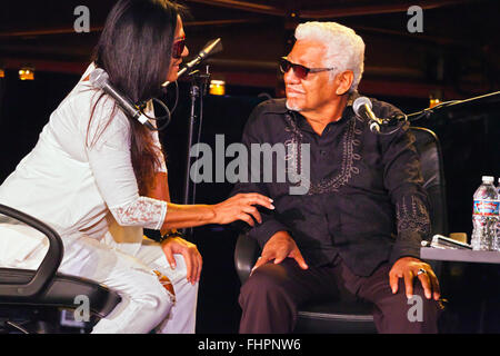 Pete Escovito with daughter Sheila E. at the Downbeat Blindfold Test at the Monterey Jazz Festival - California Stock Photo