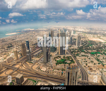 Dubai, United Arab Emirates - Dec 2, 2014: Aerial shot of Sheik Zayed Rd with the  Financial Center Rd. Taken from the observati