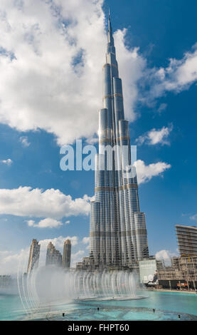 Dubai, United Arab Emirates - Dec 2, 2014 :View of the Burj Khalifa and fountains on the Burj Khalifa Lake. The tallest building Stock Photo