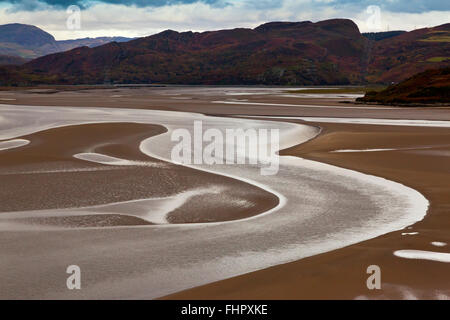 Low tide on mudflats on the estuary of the River Dwyryd near Portmeirion in Gwynedd North Wales UK Stock Photo
