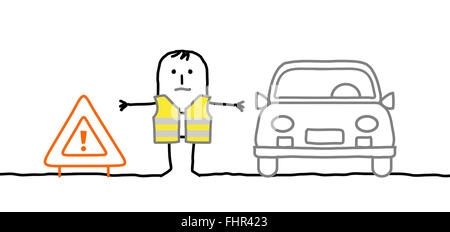Hand drawn cartoon characters - man with safety kit stopped on the road Stock Photo