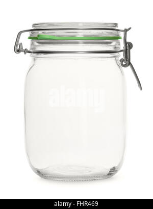 Glass empty threaded jar on a white background Stock Photo