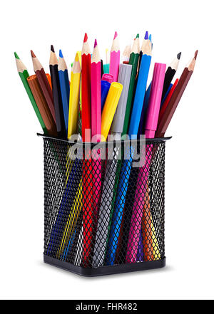 Close-Up color pencils and markers in metal glass on white background Stock Photo