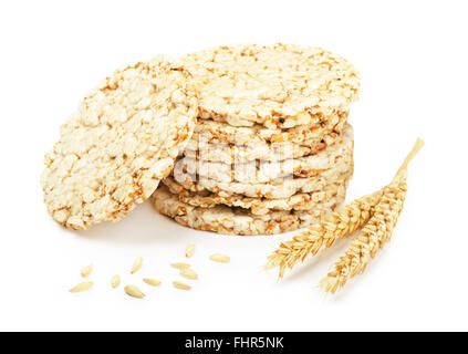 Grain crispbread with wheat isolated on white background Stock Photo