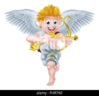 Cartoon valentines day cupid winged angel character holding his gold bow and heart arrow Stock Photo