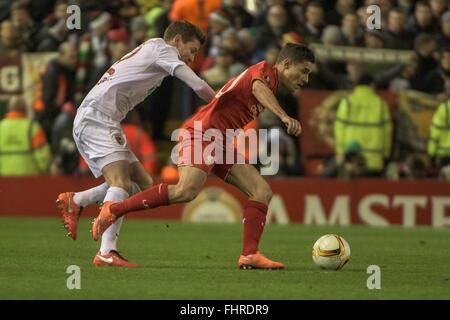 Liverpool, UK. 25th February, 2016. Europa League, knockout tie,for editorial use only   left Paul Verhaegh ( FC Augsburg ) 2 and Philippe Coutinho (Liverpool FC) 10 Credit:   Burghard Schreyer/Alamy Live News Stock Photo