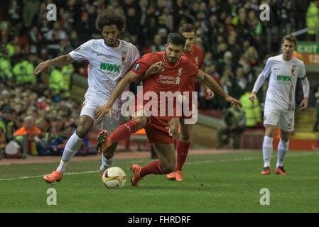 Liverpool, UK. 25th February, 2016. Europa League, knockout tie,for editorial use only  Fight between left Caiuby ( FC Augsburg ) 30 and Emre Can (Liverpool FC) 23  Credit:   Burghard Schreyer/Alamy Live News Stock Photo