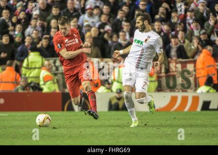 Liverpool, UK. 25th February, 2016. Europa League, knockout tie,for editorial use only  James Milner (Liverpool FC) 7 left against Halil Altintop ( FC Augsburg ) 7  Credit:   Burghard Schreyer/Alamy Live News Stock Photo