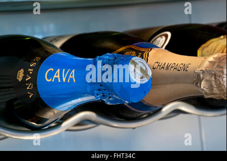 Cava and Champagne sparkling wine bottles stored horizontally in temperature controlled wine cabinet Stock Photo