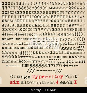 Grunge typewriter font. Six alternatives for each glyph Stock Vector