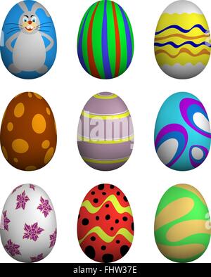 Set of nine painted easter eggs. Vector illustration. Stock Vector