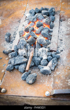 Iron rod put to heat between the hot coals. Stock Photo