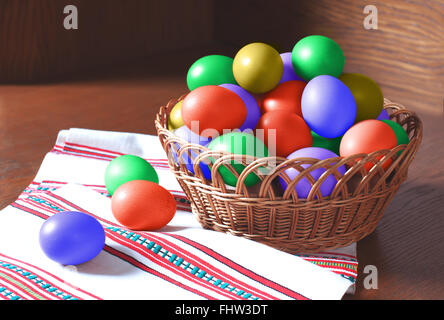 Basket of vivid coloured paintet easter eggs Stock Photo