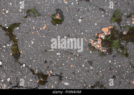 Weathered asphalt texture with pieces of broken bricks and moss Stock Photo