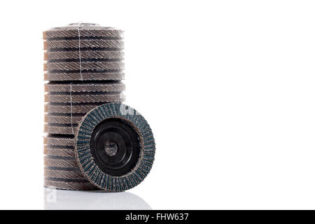 Flap abrasive disks isolated on white. Good for grinding, metal finishing, sanding. Professional equipment Stock Photo