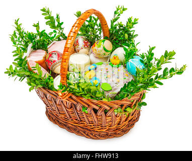 Beautiful Easter cakes, colorful eggs in basket and flowers isolated on white background Stock Photo