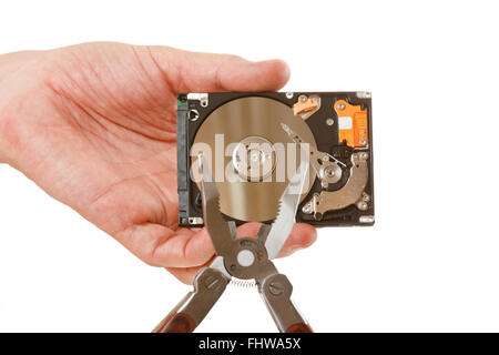 Open hard drive in hand Stock Photo