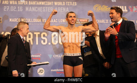 Manchester Arena, Manchester,UK 26th Feb 2016.  Scott Quigg v Carl Frampton Weigh in ahead of the IBF and WBA Super Bantamweight World Title Fight on Saturday 27th Feb at the Manchester Arena live on Sky Sports Boxing Picture of Scott Quigg at the weighing   Credit:  Stephen Gaunt/Alamy Live News Stock Photo