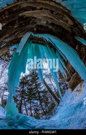 Ice daggers at twilight at The Amphitheater, an ice formation in Pictured Rocks National Lakeshore, Michigan, USA Stock Photo