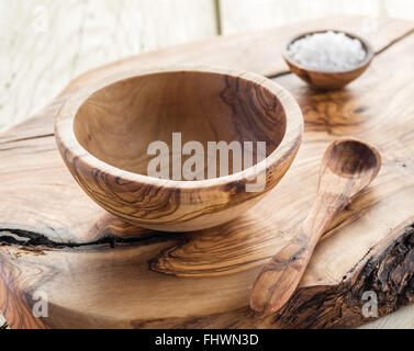 Empty wooden bowl on the service tray. Stock Photo
