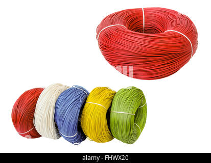 set colored electric cable on white background, isolated Stock Photo
