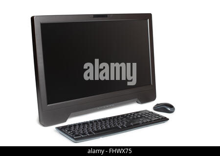 Modern business desktop computer with touchscreen display isolated on white with keyboard and mouse Stock Photo