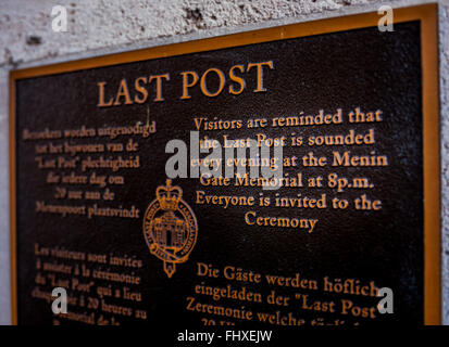 A plaque under the Menin Gate Ypres, Belgium where every night the Last Post is played in memorial to soldiers of World War One Stock Photo