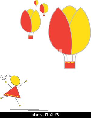 Vector - Little girl running after flower(tulip) shaped hot air balloons. Easter, spring, summer time. Child playing outdoors, Stock Vector