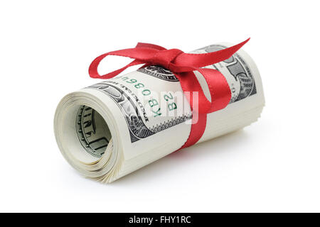 rolled dollar banknotes tied with red ribbon Stock Photo