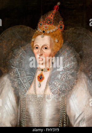 Elizabeth I. Purportedly realistic portrait of Queen Elizabeth I of England attributed to Marcus Gheeraerts the Younger or his studio, c. 1595 Stock Photo
