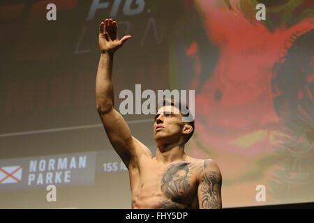 London, UK. 26th February, 2016. UFC Fight Night Bisping vs Silva weigh ins at The O2. takes to the scales Credit:  Dan Cooke/Alamy Live News Stock Photo