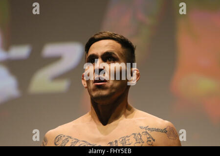 London, UK. 26th February, 2016. UFC Fight Night Bisping vs Silva weigh ins at The O2. Marlon Vera takes to the scales Credit:  Dan Cooke/Alamy Live News Stock Photo