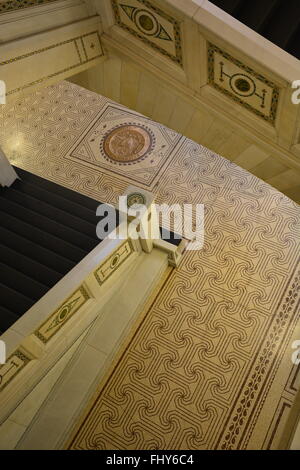 Mosaic tile floor and stair banisters of the Grand Staircase at the Chicago Cultural Center, Chicago Illinois.