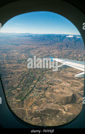 Oaxaca, Mexico - A valley in the Mexican state of Oaxaca, viewed from the window of an Interjet flight. Stock Photo