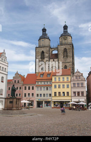Market square and Stadtkirche in Wittenberg, Germany Stock Photo