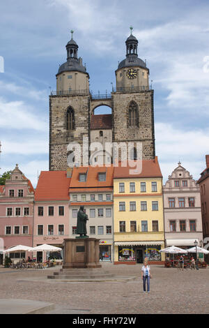 Market square and Stadtkirche in Wittenberg, Germany Stock Photo