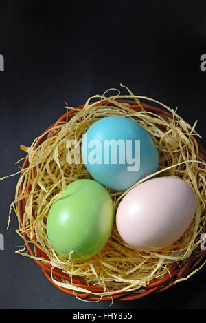 Easter eggs in the nest on black  background Stock Photo