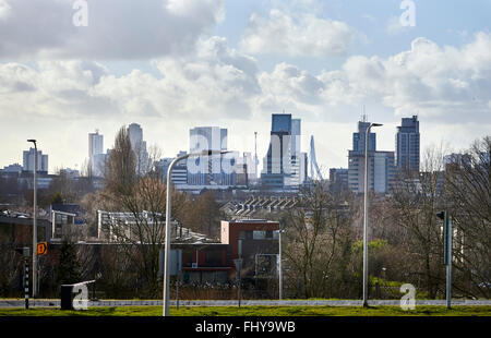 Skyline Rotterdam with in fron small houses, view from Algerabrug Krimpen aan den IJssel. Stock Photo