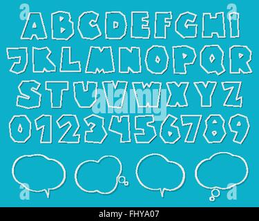 set of white paper labels, stylish alphabet letters, numbers and speech bubbles over blue background. vector, 3d style font type Stock Vector